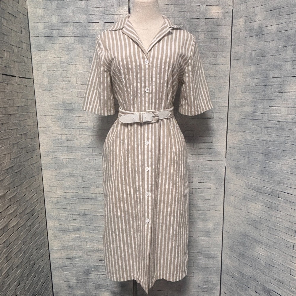 Andrew McMullan Tan White Striped Textured Belted Button Front Midi Dress